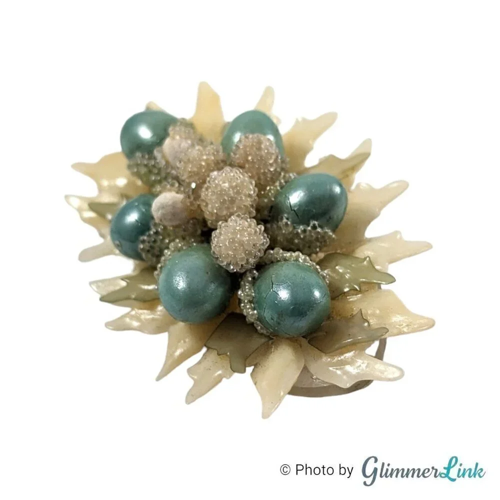 Vintage White & Teal Beaded Early Plastic Elongated Floral Mini Corsage Brooch